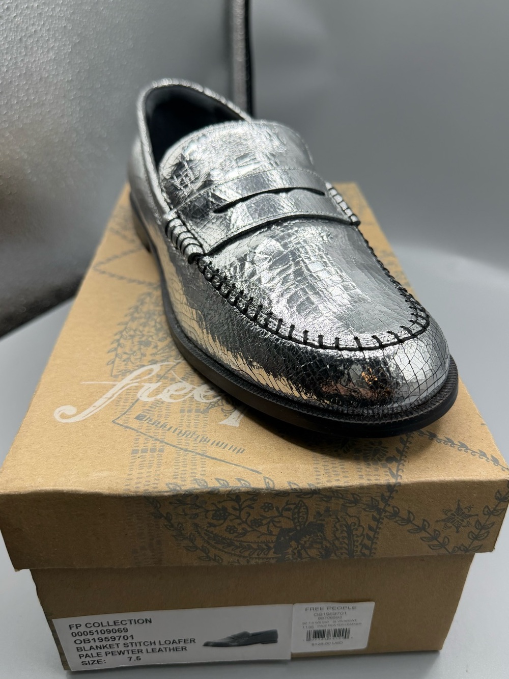 Free People Metallic Pewter Croc-Texture Penny Loafer - Silver